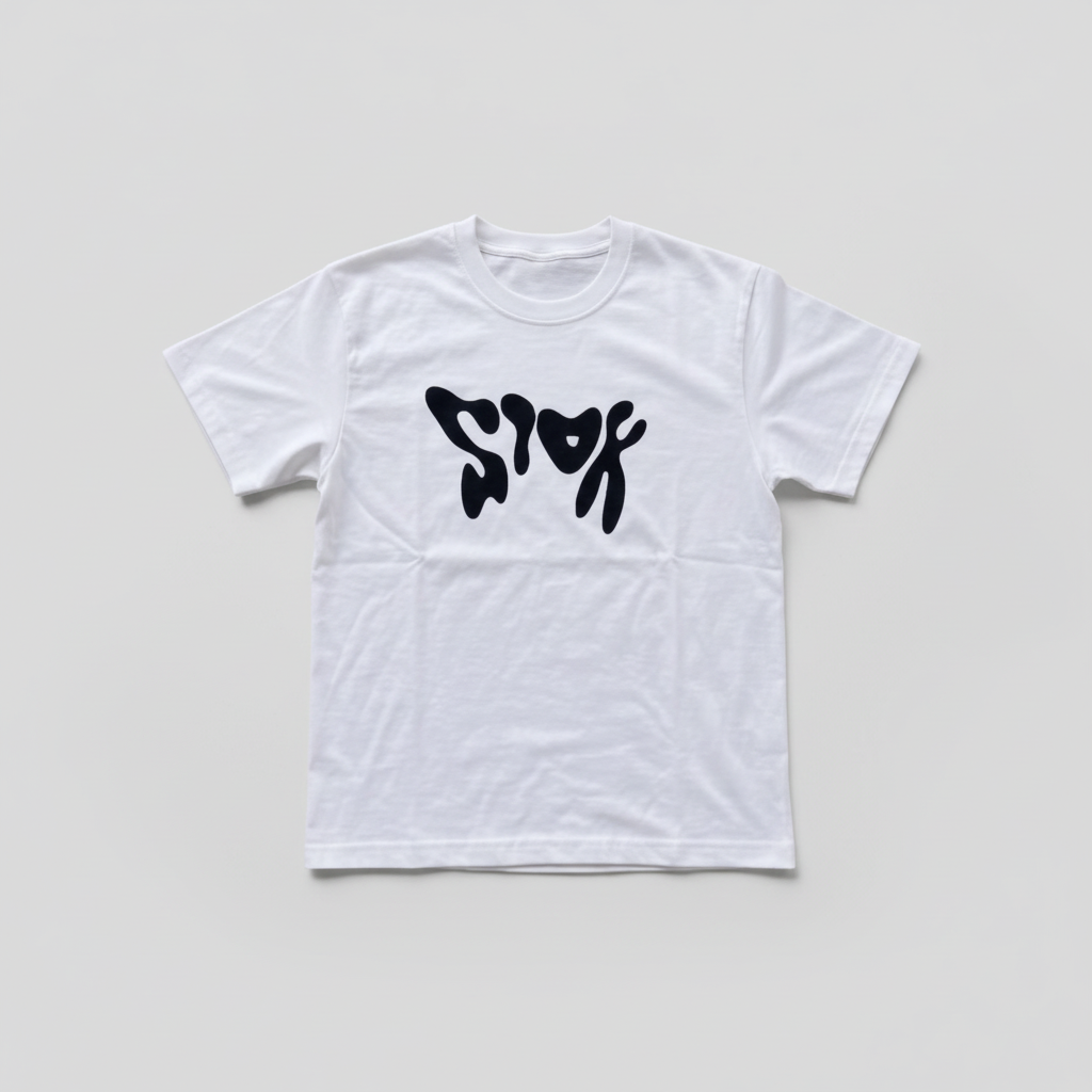 T-shirt blanc au motif noir, vue de face