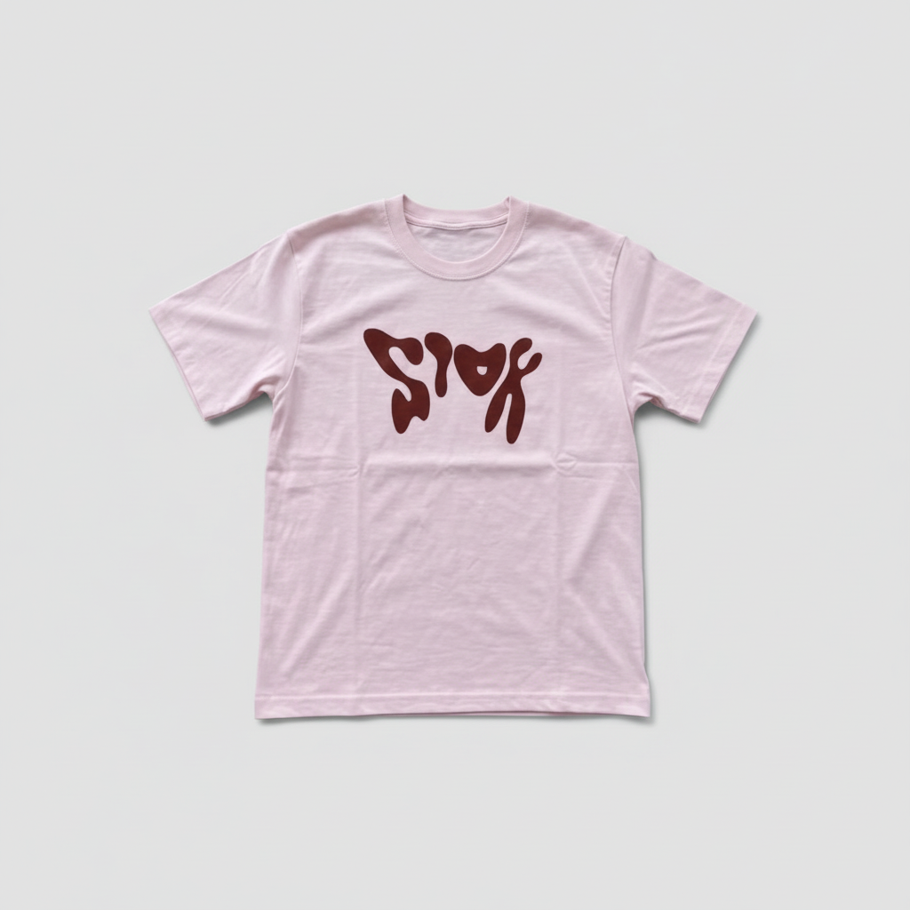T-shirt rose au motif bordeaux, vue de face
